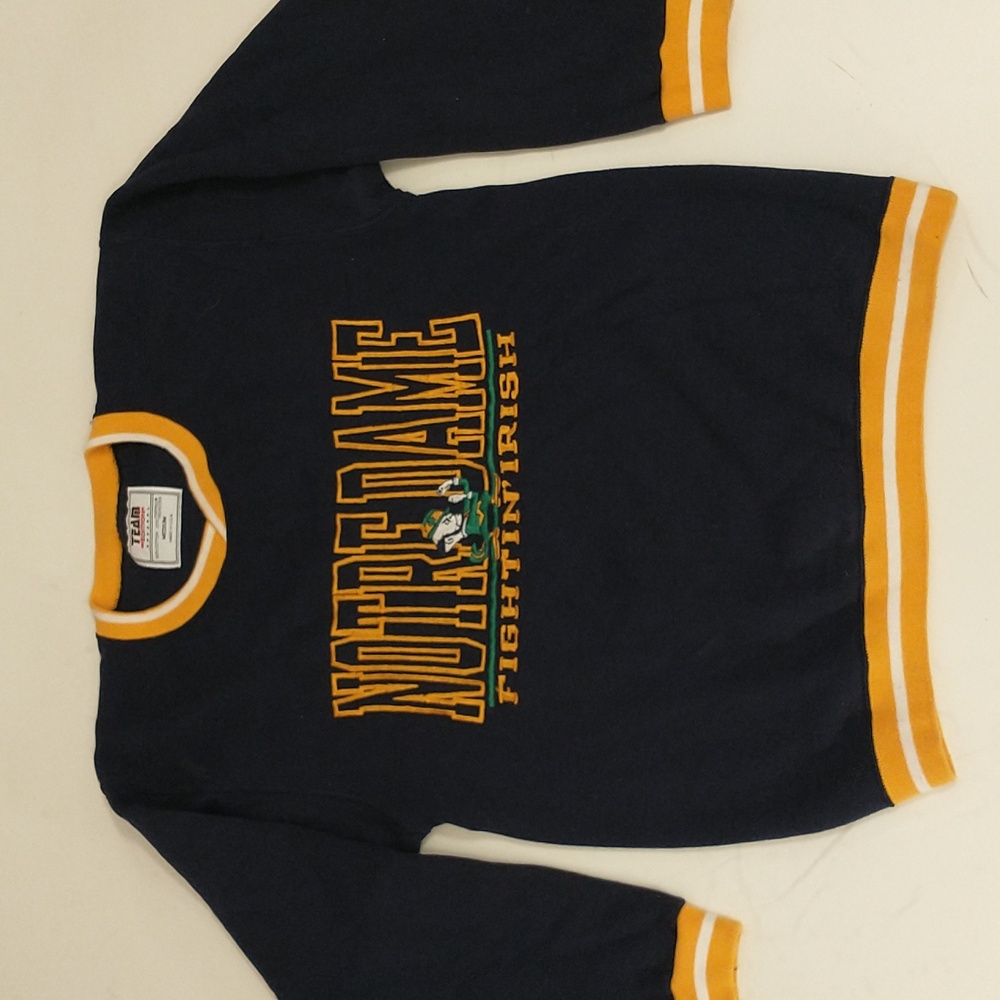 Vintage Notre Dame Embroidered Sweatshirt USA Made Navy Blue & Gold Trim 90s 42"